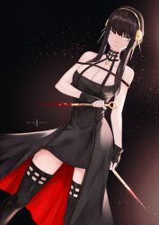 Rule 34 | 1girl, absurdres, artist name, bare shoulders, black dress, black footwear, black hair, black sleeves, blood, bloody weapon, boots, breasts, cleavage, dagger, dress, dual wielding, flower, gold hairband, hair between eyes, hair flower, hair ornament, hair up, hairband, highres, holding, holding weapon, j. artur, knife, large breasts, looking at viewer, pendant choker, red eyes, sidelocks, solo, spy x family, stiletto (weapon), thigh boots, weapon, yor briar