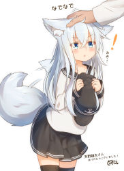 Rule 34 | !, 1girl, :o, admiral (kancolle), animal ear fluff, animal ears, black headwear, black sailor collar, black skirt, black thighhighs, blue eyes, blue hair, blush, collarbone, commentary request, coreytaiyo, flat cap, hair between eyes, hat, headpat, hibiki (kancolle), highres, holding, holding clothes, holding hat, kantai collection, kemonomimi mode, long hair, long sleeves, out of frame, parted lips, sailor collar, school uniform, serafuku, shirt, signature, simple background, skirt, sleeves past wrists, solo focus, tail, thighhighs, translation request, very long hair, white background, white shirt