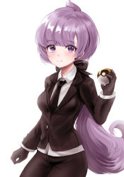 Rule 34 | 1girl, absurdres, anabel (pokemon), black gloves, black jacket, black necktie, black pants, blush, buttons, closed mouth, collared shirt, commentary, creatures (company), earpiece, eyelashes, game freak, gloves, hand up, highres, holding, holding poke ball, jacket, long hair, looking at viewer, necktie, nintendo, pants, poke ball, pokemon, pokemon sm, ponytail, purple eyes, purple hair, shirt, smile, solo, ultra ball, white shirt, zipgaemi