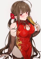 Rule 34 | 1girl, ahoge, aogisa, bad id, bad twitter id, black gloves, black thighhighs, blush, breasts, brown hair, china dress, chinese clothes, cleavage, closed mouth, covered navel, dress, dsr-50 (girls&#039; frontline), dsr-50 (red peony) (girls&#039; frontline), elbow gloves, flower, folded fan, folding fan, girls&#039; frontline, gloves, hair flower, hair ornament, hand fan, highres, holding, holding fan, long hair, looking at viewer, medium breasts, official alternate costume, red eyes, smile, solo, thighhighs, thighs, white background