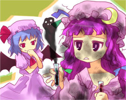 Rule 34 | 2girls, collarbone, explosion, expressionless, failure, female focus, frills, giggling, giving up the ghost, hat, jitome, light purple hair, long hair, mob cap, multiple girls, patchouli knowledge, pink hat, purple eyes, purple hair, red eyes, remilia scarlet, shige, smoke, test tube, touhou, upper body, very long hair