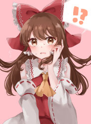 Rule 34 | !?, 1girl, ascot, bare shoulders, blush, bow, brown eyes, brown hair, detached sleeves, dot nose, flustered, frilled bow, frilled hair tubes, frilled shirt collar, frills, gradient background, hair bow, hair tubes, hakurei reimu, hand up, highres, ikeyan0677, long hair, long sleeves, looking at viewer, open mouth, pink background, red bow, red skirt, red vest, simple background, skirt, skirt set, solo, spoken interrobang, sweat, swept bangs, touhou, upper body, vest, wide sleeves, yellow ascot