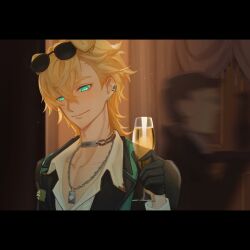 Rule 34 | 1boy, alcohol, arknights, black gloves, black jacket, blonde hair, blue eyes, champagne, champagne flute, closed mouth, collared shirt, commentary request, cup, dress shirt, drinking glass, earrings, eyewear on head, gloves, hair between eyes, half gloves, head tilt, highres, holding, holding cup, jacket, jewelry, kennnai616, letterboxed, long sleeves, looking at viewer, male focus, shirt, smile, solo focus, stud earrings, sunglasses, tequila (arknights), upper body, white shirt