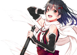 Rule 34 | 1girl, :d, armpits, bare shoulders, black gloves, black hair, blush, brown eyes, buttons, double-breasted, elbow gloves, floating hair, floating scarf, from side, gloves, hair ornament, holding, holding torpedo, kantai collection, looking at viewer, looking to the side, mikan (chipstar182), neckerchief, open mouth, red neckerchief, red sash, red shirt, sailor collar, sash, scarf, school uniform, sendai (kancolle), serafuku, shirt, short hair, simple background, smile, solo, teeth, torpedo, two-tone shirt, two side up, upper body, white background, white sailor collar, white scarf, white shirt