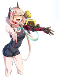 Rule 34 | absurdres, banana (girls&#039; frontline), bare arms, bare legs, blush, breasts, closed eyes, girls&#039; frontline, hair between eyes, headgear, highres, long hair, m4 sopmod ii (girls&#039; frontline), m4 sopmod ii (mod3) (girls&#039; frontline), mechanical arms, megaphone, mod3 (girls&#039; frontline), multicolored hair, open mouth, outstretched arms, pink hair, red eyes, red hair, sd bigpie, single mechanical arm, small breasts, smile, solo, streaked hair, swimsuit, thighs
