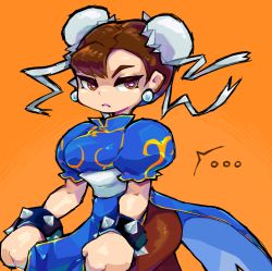 Rule 34 | ..., 1girl, blue dress, bracelet, breasts, brown eyes, brown hair, brown pantyhose, bun cover, capcom, china dress, chinese clothes, chun-li, clenched hands, closed mouth, cowboy shot, double bun, dress, earrings, from side, frown, gold trim, hair bun, high collar, highres, jewelry, lips, looking away, medium breasts, orange background, pantyhose, pelvic curtain, pink lips, puffy short sleeves, puffy sleeves, sash, short hair, short sleeves, side slit, simple background, solo, speech bubble, spiked bracelet, spikes, spoken ellipsis, spudenski, street fighter, street fighter ii (series), thick eyebrows, unamused, white sash