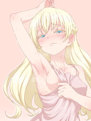 Rule 34 | 10s, 1girl, amashun, arm up, armpits, asobi asobase, blonde hair, blue eyes, blush, braid, day, dress, embarrassed, female focus, hand up, highres, long hair, olivia (asobi asobase), presenting armpit, simple background, solo, spicy, standing, steaming body, sweat, upper body, very long hair, wavy mouth, white dress
