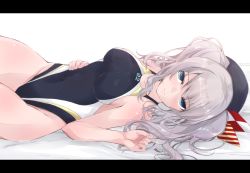 Rule 34 | 1girl, bed sheet, beret, black hat, blue eyes, breasts, closed eyes, clothes writing, competition swimsuit, groin, hat, kantai collection, kashima (kancolle), large breasts, letterboxed, long hair, lying, on back, one-piece swimsuit, silver hair, smile, solo, sportswear, swimsuit, twintails, yumesato makura