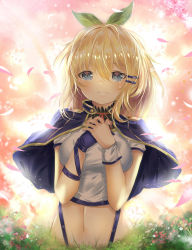 Rule 34 | 1girl, blonde hair, blue capelet, blue eyes, bow, capelet, cherry blossoms, choker, crop top, fhilippedu, floating hair, green bow, grin, hair between eyes, hair bow, hair ornament, highres, long hair, looking at viewer, midriff, neck ribbon, red ribbon, ribbon, rokudenashi majutsu koushi to akashic record, rumia tingel, smile, solo, stomach, suspenders, tears, upper body