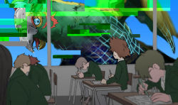 Rule 34 | 1boy, 1other, 3d, alternate universe, artist request, bird, blue eyes, brown hair, classroom, claws, creepy, digimon, digimon (creature), digimon adventure, feathers, flying, giant, highres, jewelry, looking at viewer, multiple boys, multiple girls, night, open mouth, parrotmon, rendering, ring, saliva, school uniform, sky, window, wings, yagami taichi