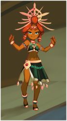 Rule 34 | 1girl, absurdres, anklet, armlet, arms up, breasts, crop top, dancer, dark skin, drantyno, gerudo, green eyes, green footwear, green shirt, green skirt, hair ornament, highres, jewelry, long hair, looking at viewer, midriff, navel, nintendo, pointy ears, red hair, riju, shirt, shoes, skirt, small breasts, smile, standing, the legend of zelda, the legend of zelda: breath of the wild, tiara, wristband