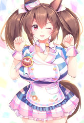 Rule 34 | 1girl, ;d, absurdres, animal ears, blush, bow, bowtie, breasts, brooch, brown hair, character request, collarbone, commentary request, cowboy shot, hair between eyes, hands up, highres, horse ears, horse girl, horse tail, huge breasts, jewelry, kanzakietc, long hair, medal, one eye closed, open mouth, petticoat, pink eyes, pink skirt, pleated skirt, simple background, skirt, smile, solo, tail, twintails, umamusume, white background, white bow, white bowtie, wrist cuffs