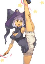 Rule 34 | 1girl, bloomers, breasts, brown eyes, cleavage cutout, clothing cutout, commentary, dress, english commentary, grey dress, hat, highres, holding, holding wand, kneepits, large breasts, leg up, light purple hair, meme, open mouth, original, purple hat, shoes, shorts, simple background, solo, split, standing, standing on one leg, standing split, star (symbol), teeth, underwear, upper teeth only, vins-mousseux, wand, white background, white shorts, witch, witch hat