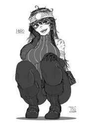 Rule 34 | 1girl, :d, ankle boots, armlet, bandages, bandaged arm, bandages, boots, breasts, character name, dated, full body, greyscale, hand up, head tilt, headband, hero (hero and demon king), highres, large breasts, looking at viewer, monochrome, open mouth, original, pants, ramia-yana, signature, simple background, skin tight, smile, solo, squatting, the golden smurf, white background, yandere trance