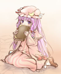 Rule 34 | 1girl, bad id, bad pixiv id, book, covering face, covering own mouth, covering privates, crescent, female focus, hat, long hair, masami chie, mob cap, patchouli knowledge, purple eyes, purple hair, shy, sitting, solo, touhou, wariza