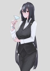 Rule 34 | 1girl, alternate costume, black hair, black pants, black vest, collared shirt, commentary request, cowboy shot, cup, dress shirt, drinking glass, formal, grey background, highres, holding, holding cup, kantai collection, long hair, nagato (kancolle), pant suit, pants, red eyes, shirt, simple background, solo, standing, suit, vest, white shirt, wine glass, z (knkr1025)
