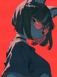 Rule 34 | 1girl, absurdres, animal ear fluff, animal ears, animal nose, artist name, black choker, black eyes, black hair, black shirt, bob cut, cat ears, choker, commentary, expressionless, from side, furry, furry female, highres, looking at viewer, original, red-tinted eyewear, red background, shirt, short hair, short sleeves, signature, simple background, solo, sunglasses, symbol-only commentary, tinted eyewear, tomochiso, upper body