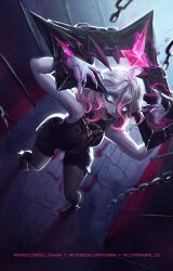 Rule 34 | 1girl, artist name, blood, briar (league of legends), colored sclera, colored skin, commentary, english commentary, fingernails, grey hair, hair between eyes, highres, indoors, knee up, league of legends, light, looking at viewer, medium hair, multicolored hair, no pupils, pink hair, pink sclera, sharp fingernails, sharp teeth, sidelocks, sitting, solo, streaked hair, teeth, toeless legwear, toenails, toes, tongue, tongue out, two-tone hair, vampire, white eyes, white nails, wrist cuffs