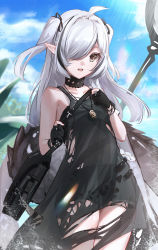 Rule 34 | 1girl, :d, absurdres, arknights, bad id, bad pixiv id, bare shoulders, black dress, blue sky, cloud, commentary, cowboy shot, crocodilian tail, day, dress, grey eyes, grey hair, hair over one eye, highres, large tail, long hair, looking at viewer, moshi ruo, official alternate costume, open mouth, sky, sleeveless, sleeveless dress, smile, solo, standing, tail, thighs, tomimi (arknights), two side up