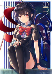 Rule 34 | 1girl, ahoge, arm support, asymmetrical wings, black dress, black hair, black thighhighs, blurry, bow, bowtie, breasts, center frills, character name, closed mouth, commentary request, dated, depth of field, dress, expressionless, feet out of frame, fingernails, frills, hand on own knee, highres, houjuu nue, kisamu (ksmz), looking at viewer, pointy ears, red bow, red bowtie, red eyes, short hair, short sleeves, signature, sitting, small breasts, solo, thighhighs, touhou, wings, wristband