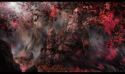 Rule 34 | autumn leaves, bad id, bad pixiv id, blurry, commentary request, day, depth of field, falling leaves, fantasy, forest, giant tree, leaf, letterboxed, light rays, maple leaf, maple tree, nature, no humans, original, outdoors, rock, scenery, sunlight, tree, tree shade, zennmai siki