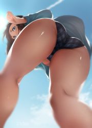 Rule 34 | 10s, 1girl, ass, bikini, blue eyes, blue sky, brown hair, cloud, cloudy sky, covered mouth, day, foreshortening, from below, groin, hairband, idolmaster, idolmaster cinderella girls, kneepits, looking at viewer, looking down, murasame nohito, outdoors, plaid, plaid bikini, sagisawa fumika, sky, solo, swimsuit