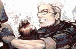 Rule 34 | 1boy, apple, atsuki0814, bad id, bad pixiv id, bitten apple, bow (weapon), crossbow, fate/grand order, fate (series), fingerless gloves, food, food bite, fruit, glasses, gloves, grey eyes, highres, looking at viewer, male focus, manly, scarf, solo, upper body, weapon, white hair, william tell (fate)