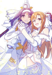 Rule 34 | 2girls, absurdres, ahoge, armor, asuna (sao), asuna (stacia), bare shoulders, braid, breastplate, breasts, brown eyes, brown hair, detached sleeves, dress, gloves, hairband, highres, holding, holding hands, long hair, looking at viewer, medium breasts, multiple girls, neosight, open mouth, purple hair, red eyes, smile, sword art online, sword art online last recollection, thighhighs, very long hair, white armor, white dress, white gloves, white thighhighs, yuuki (sao)