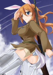 Rule 34 | 00s, 1girl, animal ears, bad id, bad pixiv id, blue eyes, breasts, charlotte e. yeager, gun, kuronyan, large breasts, military, military uniform, orange hair, rabbit ears, rabbit girl, rabbit tail, solo, strike witches, tail, uniform, weapon, world witches series