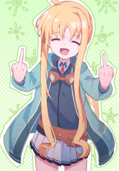 Rule 34 | 1girl, :d, absurdres, ahoge, belt pouch, blonde hair, blue coat, closed eyes, coat, commentary, dot nose, double middle finger, eiyuu densetsu, goggles, goggles around neck, grey background, hair between eyes, highres, long hair, middle finger, naisu (nai su01), open clothes, open coat, open mouth, parted bangs, pleated skirt, pouch, sen no kiseki, sen no kiseki iii, sidelocks, skirt, smile, solo, sora no kiseki, standing, sun symbol, tita russell, very long hair