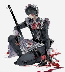 Rule 34 | 1boy, absurdres, apron, black footwear, black hair, black nails, blood, blood on clothes, blood on face, corset, crossdressing, eyepatch, frills, fuji den fujiko, highres, maid, maid apron, maid headdress, male focus, nail polish, original, pants, red eyes, red neckwear, short hair, simple background, pants, solo, suspenders, trap, weapon, white background