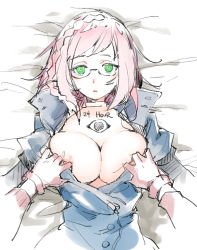Rule 34 | 1girl, accessory (freedom wars), braid, breasts, camera, freedom wars, ge-b, glasses, green eyes, huge breasts, jacket, nipples, no bra, open clothes, open jacket, red hair, sketch, solo focus