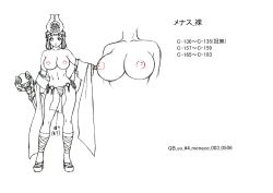 Rule 34 | 1girl, absurdres, armpits, bare legs, bare shoulders, blunt bangs, blush, breasts, character sheet, close-up, closed mouth, curvy, egyptian clothes, full body, groin, headgear, high heels, highres, jewelry, large breasts, looking at viewer, medium hair, menace (queen&#039;s blade), monochrome, multiple views, nipples, official art, panties, queen&#039;s blade, revealing clothes, scan, setra, simple background, smile, solo, striped clothes, striped panties, thong, topless, underwear, white background, wide hips