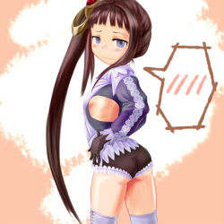 Rule 34 | 1girl, ass, atelier (series), atelier totori, blush, breasts, brown hair, female focus, gloves, grey eyes, hair ornament, long hair, mimi houllier von schwarzlang, nanatsu (chatge), ponytail, side ponytail, sideboob, small breasts, thighhighs, very long hair, wavy mouth