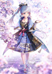 Rule 34 | 1girl, absurdres, arm guards, armor, armored dress, ayaka (genshin impact), blue hair, blue jacket, blunt bangs, branch, breastplate, breasts, bridal gauntlets, cherry blossoms, chinese knot, cleavage, collarbone, commentary request, day, dou, elbow gloves, flower knot, folded fan, folding fan, full body, genshin impact, gloves, gold trim, hair ornament, hair ribbon, hand fan, highres, holding, holding fan, jacket, japanese armor, kote, kusazuri, light blue hair, long hair, looking at viewer, maica sunahara, medium skirt, neck tassel, outdoors, outstretched hand, parted lips, partially fingerless gloves, petals, ponytail, ribbon, skirt, small breasts, smile, solo, tabi, tassel, tree, tress ribbon, white footwear, wide sleeves