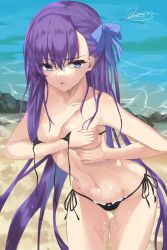 Rule 34 | 1girl, bare shoulders, beach, bikini, black bikini, blue eyes, breasts, collarbone, commentary request, covering privates, covering breasts, cowboy shot, day, fate/grand order, fate (series), hair ribbon, highres, kesoshirou, leaning forward, long hair, meltryllis (fate), navel, outdoors, parted lips, purple hair, ribbon, side-tie bikini bottom, small breasts, solo, string bikini, swimsuit, untied bikini, very long hair, water, wet, wet hair