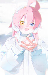 Rule 34 | 1girl, absurdres, ahoge, blue archive, blue eyes, blush, bm tol, earmuffs, fang, hair between eyes, heterochromia, highres, hoshino (blue archive), jacket, long hair, long sleeves, open mouth, pink hair, smile, snow, solo, upper body, white jacket, yellow eyes