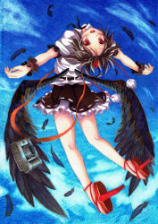 Rule 34 | 1girl, bird wings, black hair, black wings, blue sky, calligraphy brush (medium), camera, cloud, day, feathers, full body, geta, gradient background, hat, hat ribbon, highres, kittona, looking at viewer, millipen (medium), open mouth, outstretched arms, pom pom (clothes), puffy short sleeves, puffy sleeves, ribbon, shameimaru aya, shirt, short sleeves, skirt, sky, smile, solo, tokin hat, touhou, traditional media, watercolor pencil (medium), wings, wrist cuffs