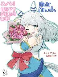 Rule 34 | 1girl, animal ears, character name, commentary request, dated, detached sleeves, flower, grey eyes, grey hair, hair ornament, happy birthday, highres, hishi miracle (umamusume), horse ears, horse girl, horse tail, looking at viewer, medium hair, one eye closed, open mouth, ribbon, simple background, solo, tail, umamusume, wakita otk, white background