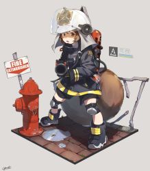 Rule 34 | 1girl, absurdres, aiming, aiming at viewer, animal ears helmet, arknights, black shorts, boots, brown eyes, brown hair, chin strap, fire extinguisher, fire helmet, fire hydrant, firefighter, firefighter jacket, full body, grey background, highres, huge filesize, jacket, knee pads, legs apart, looking at viewer, open mouth, puddle, running bond, shaw (arknights), short hair, shorts, sign, signature, simple background, solo, squirrel girl, squirrel tail, standing, status bar, tail, v-shaped eyebrows, yossui