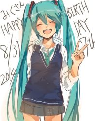 Rule 34 | 10s, 1girl, 2014, :d, aqua hair, blush, character name, cowboy shot, dated, closed eyes, happy birthday, hatsune miku, long hair, necktie, open mouth, run (sweettimehappy), sketch, skirt, smile, solo, twintails, v, very long hair, vocaloid, white background
