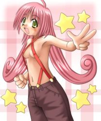 Rule 34 | 1girl, :d, armpits, blush, breasts, curly hair, covered erect nipples, green eyes, long hair, looking at viewer, mishiki sakana, naked suspenders, navel, open mouth, pants, pink background, pink hair, revealing clothes, small breasts, smile, solo, star (symbol), suspenders, topless, underboob, v