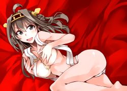 Rule 34 | 10s, 1girl, ahoge, arino hiroshi, barefoot, blush, breasts, brown eyes, brown hair, cosaten, covering privates, covering breasts, double bun, fundoshi, hairband, headgear, japanese clothes, kantai collection, kongou (kancolle), large breasts, long hair, open mouth, smile, solo
