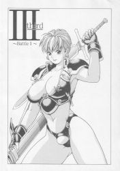 Rule 34 | 1girl, areola slip, armor, bikini armor, breasts, earrings, fingerless gloves, gloves, highres, huge breasts, jewelry, jolly roger, knight, large breasts, looking at viewer, monochrome, no bra, phaia, revealing clothes, short hair, skull and crossed swords, solo, spunky knight, sword, weapon, youhei kozou