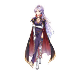 Rule 34 | 1girl, anklet, armor, boots, bracelet, breasts, cape, cleavage, dress, earrings, elbow gloves, fire emblem, fire emblem: genealogy of the holy war, gloves, grey eyes, hand on own arm, ishtar (fire emblem), jewelry, long hair, nintendo, pauldrons, ponytail, shoulder armor, silver hair, simple background, solo, thigh boots, thighhighs, wani (fadgrith), white background