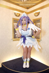 Rule 34 | 1girl, ankle boots, asian, blue eyes, blue hair, boots, bow, bracelet, breasts, choker, chouzuki maryou, cosplay, cure diamond (cosplay), dokidoki! precure, dress, hand on own hip, headpiece, highres, jewelry, large breasts, long hair, magical girl, matching hair/eyes, photo (medium), plump, pointing, ponytail, precure, puffy short sleeves, puffy sleeves, ribbon, short sleeves, solo, tiara