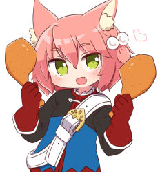 Rule 34 | 1girl, 7th dragon, 7th dragon (series), :d, animal ear fluff, animal ears, belt, belt buckle, blue jacket, blush, buckle, cat ears, chicken (food), chicken leg, commentary request, fang, fighter (7th dragon), food, gloves, green eyes, hair between eyes, hair bobbles, hair ornament, hands up, harukara (7th dragon), heart, highres, holding, holding food, jacket, long sleeves, looking at viewer, naga u, one side up, open mouth, pink hair, red gloves, smile, solo, upper body, white belt