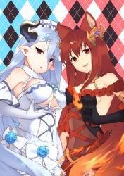 Rule 34 | 10s, 2girls, anthuria, argyle, argyle background, argyle clothes, backless dress, backless outfit, bare back, bare shoulders, black gloves, black vs white, blue flower, blue hair, breasts, brown hair, cleavage, covered navel, draph, dress, elbow gloves, erune, flower, frills, gloves, gradient hair, granblue fantasy, hair between eyes, hair ornament, hair over one eye, halterneck, hat, highres, horns, izmir, large breasts, lio (rumei2265874644), long hair, looking at viewer, medium breasts, multicolored hair, multiple girls, orange hair, parted lips, pointy ears, red dress, red eyes, smile, symmetry, underboob, underbust, very long hair, white dress, white gloves, white hat