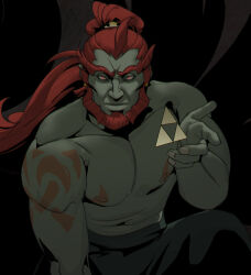 Rule 34 | 1boy, abs, armlet, beard, bunabi, clothes down, colored skin, facial hair, feet out of frame, ganondorf, glowing, glowing eyes, gold, green skin, hand up, huge eyebrows, long hair, looking at viewer, male focus, mature male, muscular, muscular male, navel, nintendo, nipples, official alternate costume, on one knee, orange hair, pectorals, serious, solo, stomach, tattoo, the legend of zelda, the legend of zelda: tears of the kingdom, thick eyebrows, topless male, wrinkled skin
