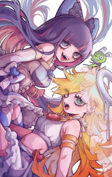 Rule 34 | 2girls, absurdres, armlet, blonde hair, blue eyes, blunt bangs, breasts, dripping, earrings, eyes visible through hair, fangs, floating hair, green eyes, heart, highres, jewelry, looking at viewer, medium breasts, midriff, multiple girls, navel, open mouth, panty &amp; stocking with garterbelt, panty (psg), purple hair, siblings, sisters, smile, stocking (psg), thighhighs, tira 27, tongue, white background